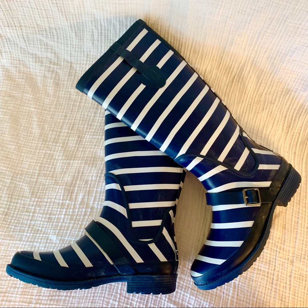 L.L. Bean Wellie Rain Boots Navy White Stripe
